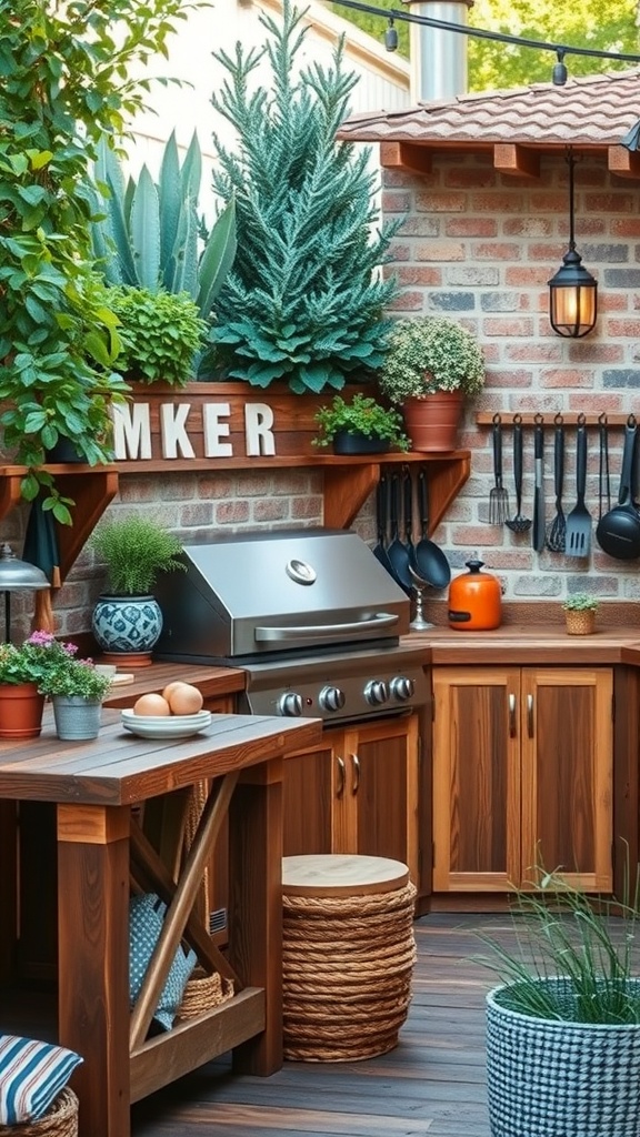 A rustic outdoor grill corner featuring wooden countertops, greenery, and cooking utensils.