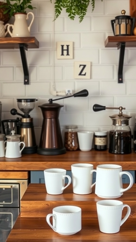 A rustic wooden countertop with white mugs, coffee-making tools, and decorative items.