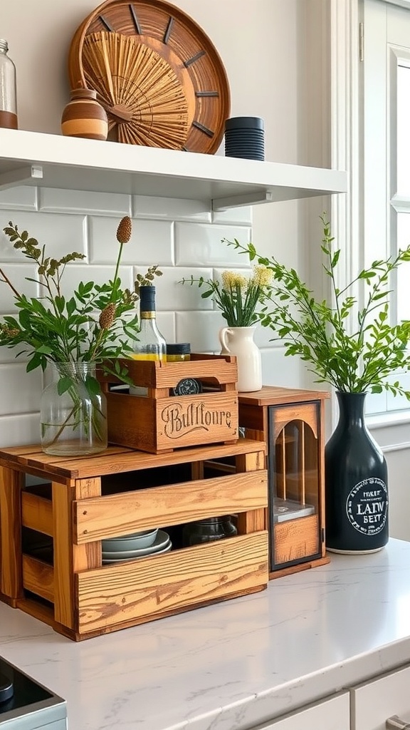 A kitchen countertop featuring rustic wooden crates with decorative items and greenery.