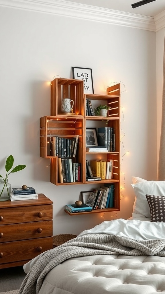 A wall-mounted bookshelf made of rustic wooden crates, decorated with books and fairy lights.