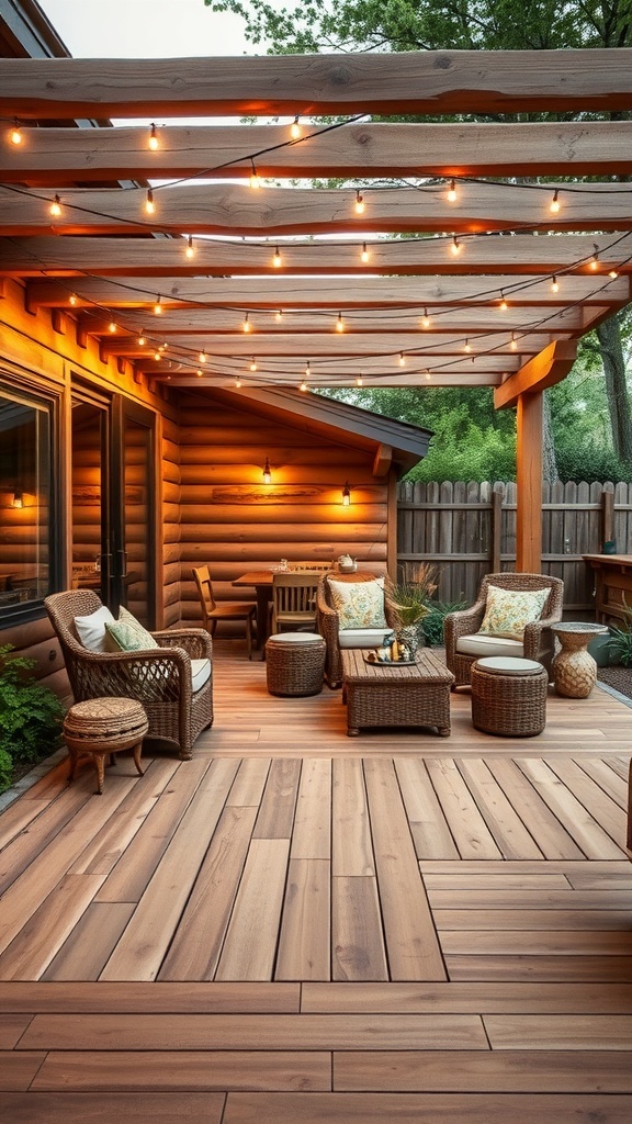 Cozy rustic wooden deck with comfortable seating and plants