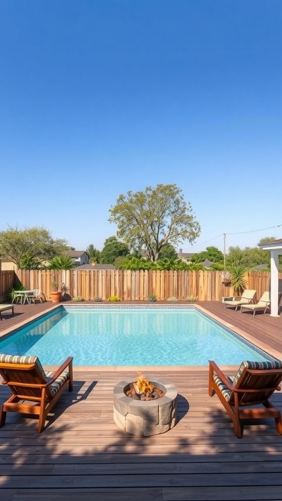 A rustic wooden deck pool retreat featuring a clear pool, wooden chairs, and a fire pit surrounded by greenery.