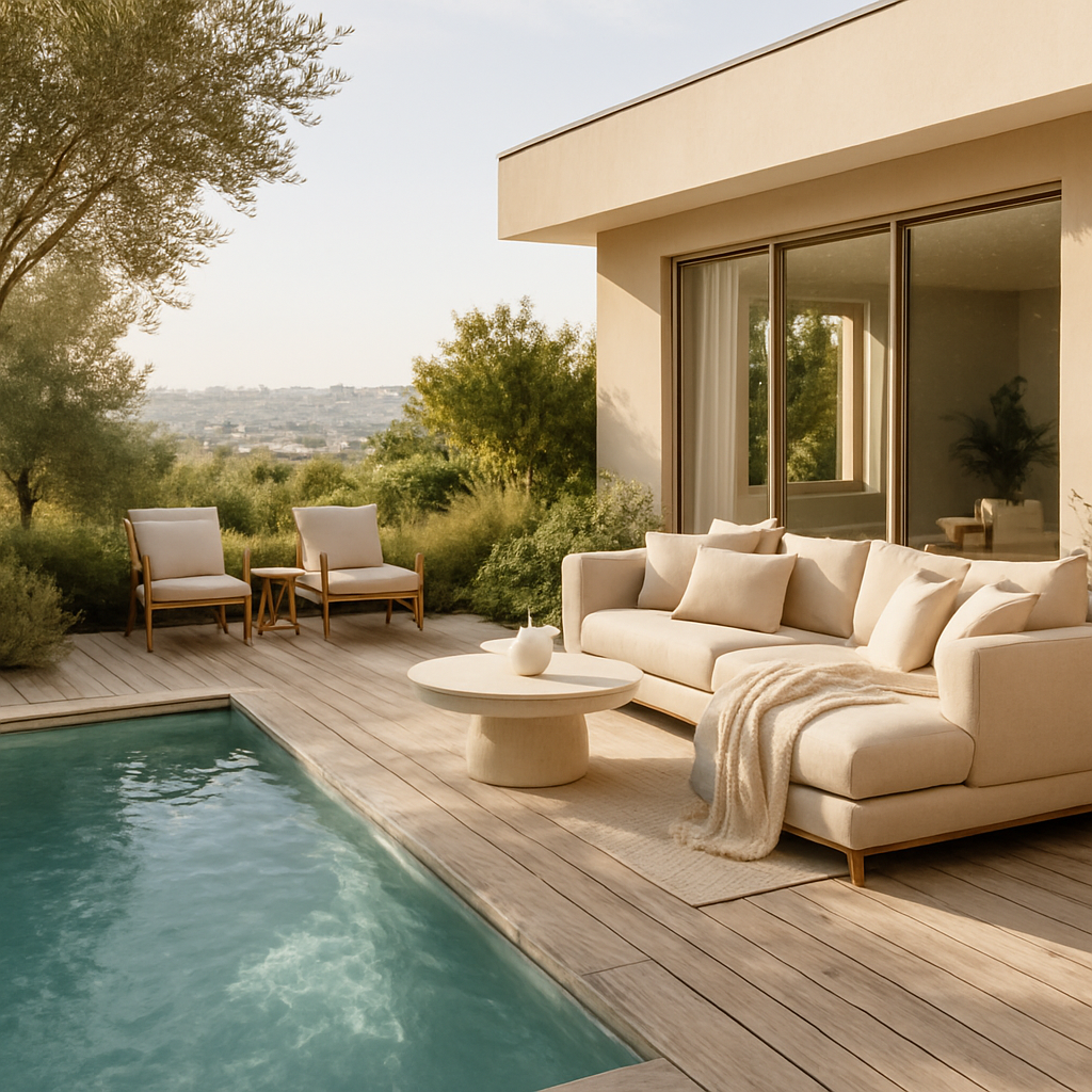 Rustikaler Holzdeck-Pool mit gemütlichem Sofa und Stühlen