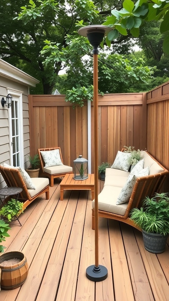 A rustic wooden deck with comfortable seating, a small table, and potted plants, surrounded by greenery.
