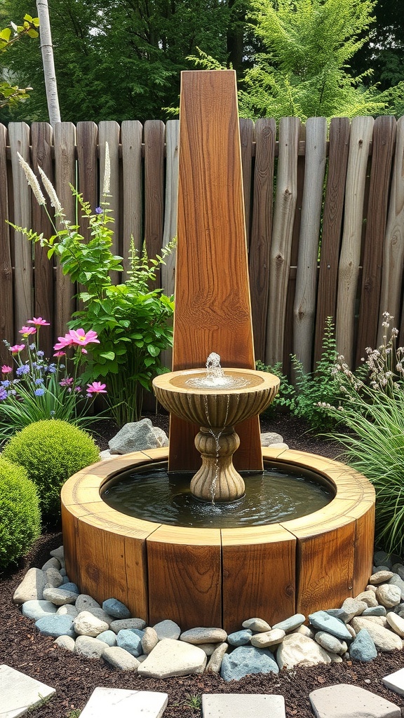 A rustic wooden fountain surrounded by flowers and greenery in a garden.