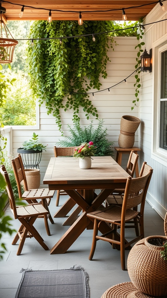 A rustic outdoor patio with wooden furniture, surrounded by plants and warm lighting.