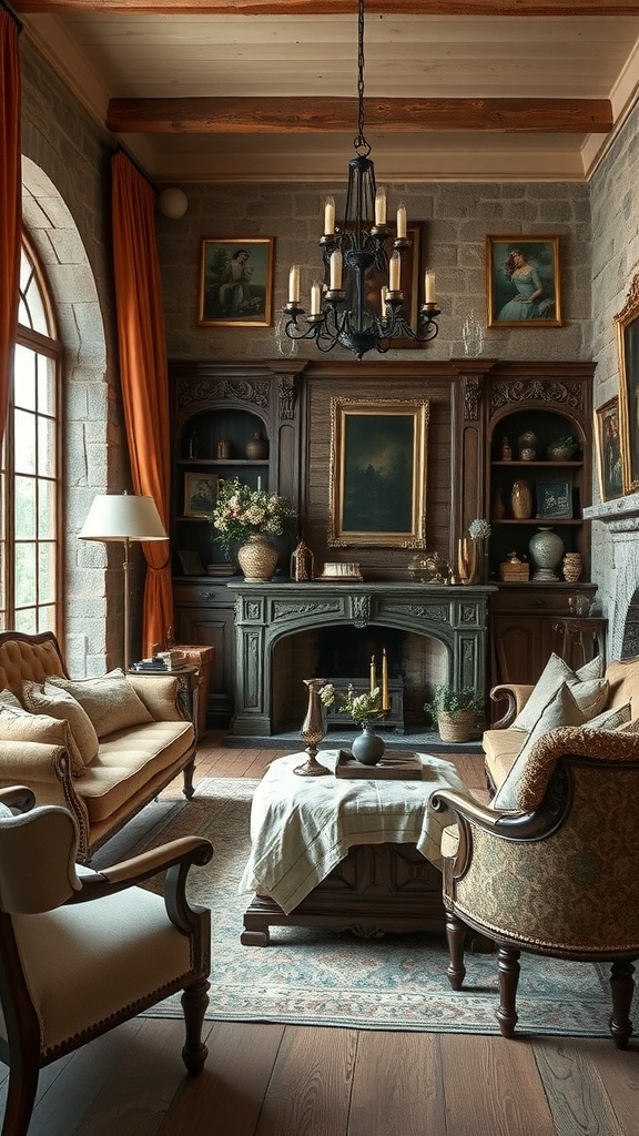 A cozy living room featuring rustic wooden furniture, elegant decor, and warm lighting.