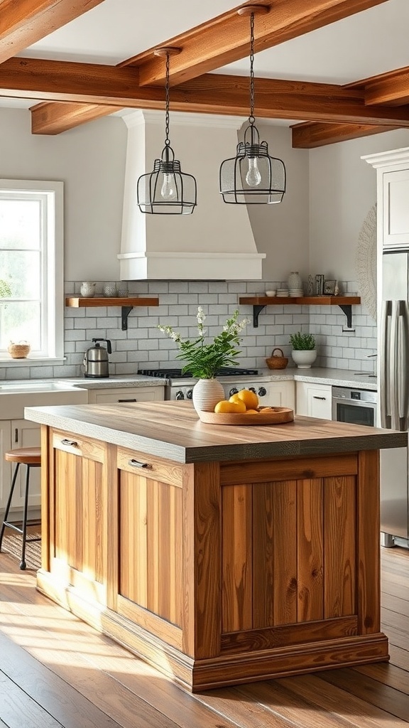 A rustic wooden kitchen island with modern fixtures and pendant lights.