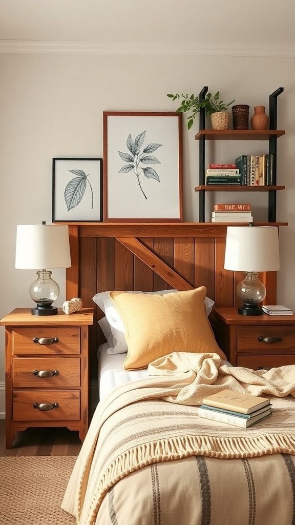 A cozy bedroom featuring rustic wooden nightstands, a bed with a yellow pillow, and framed botanical prints on the wall.
