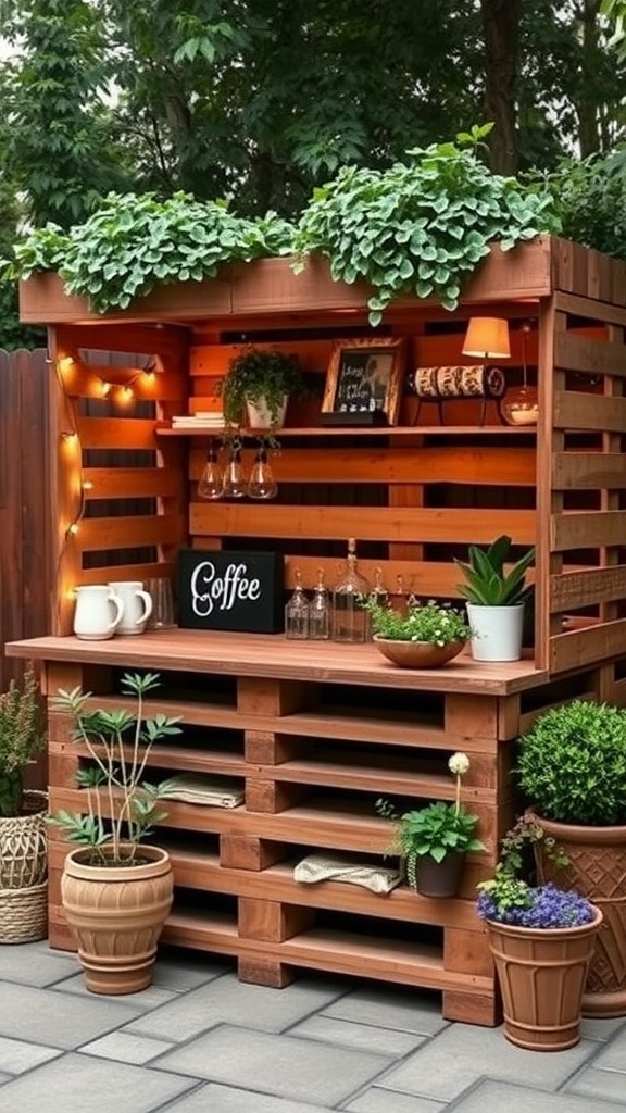 A rustic wooden pallet coffee station with plants and string lights.