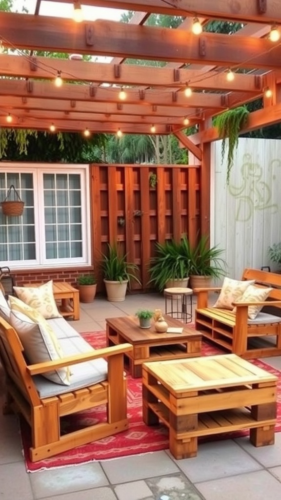 Cozy patio with rustic wooden pallet furniture, cushions, and plants.