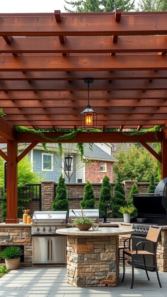 A rustic wooden pergola over an outdoor kitchen with stone countertops and modern appliances.