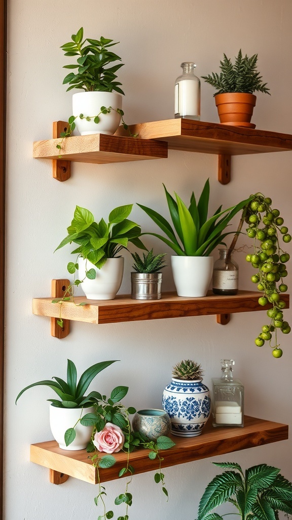 Rustic wooden shelves with various plants and pots