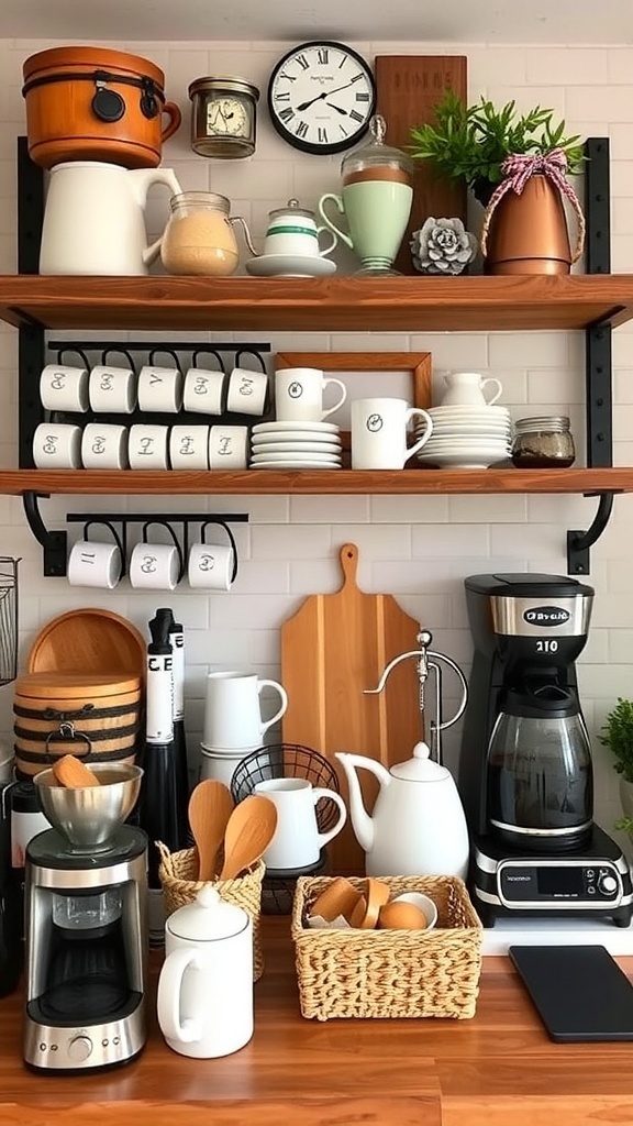Rustic wooden shelves displaying coffee mugs, teapots, and decorative items in a cozy kitchen setting.