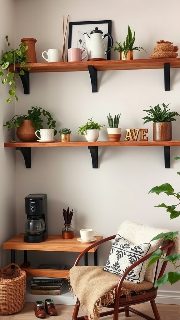 A cozy coffee nook with rustic wooden shelves, coffee accents, and plants.