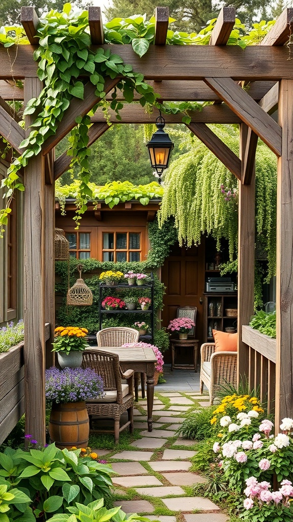 A rustic wooden trellis with climbing vines, surrounded by colorful flowers and a cozy seating area in a garden.