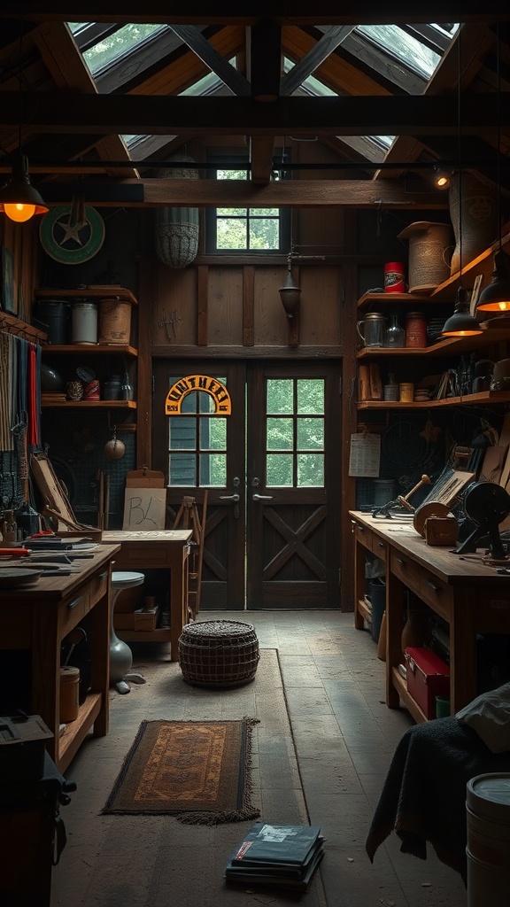 A rustic workshop with wooden beams, skylights, and various tools on workbenches.