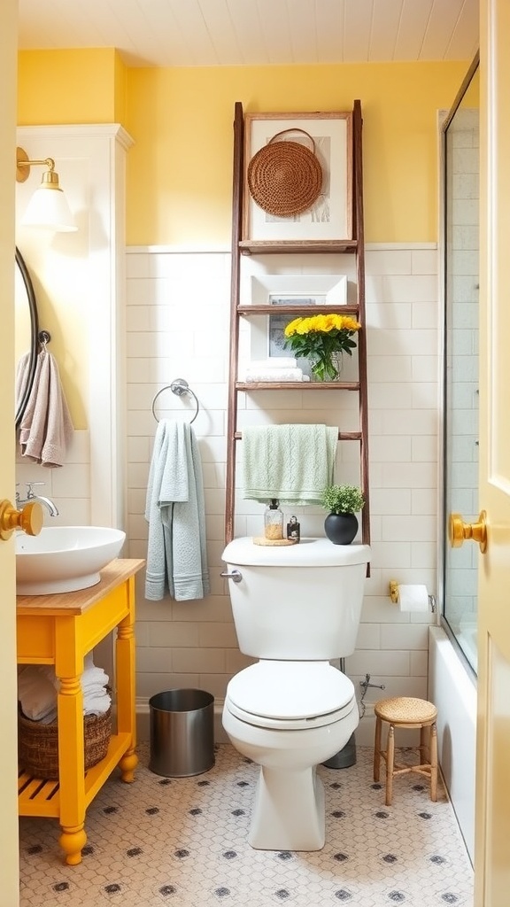 A rustic yellow ladder used for storage in a charming bathroom with yellow walls and decor.