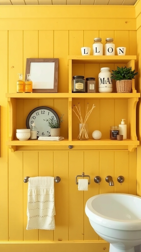 Rustic yellow shelving in a bright bathroom with decorative jars, plants, and a clock.