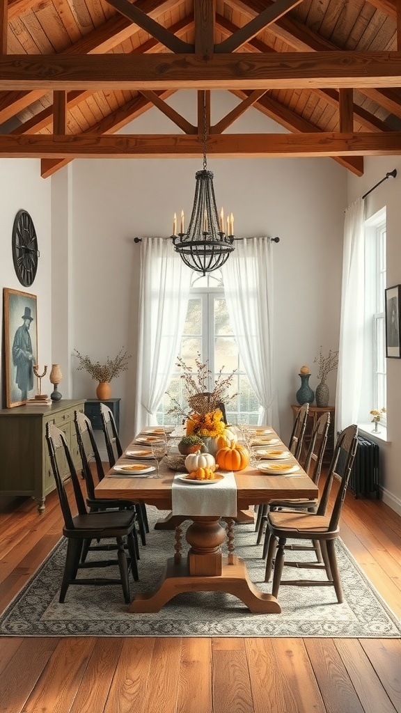 Rustikaler Essbereich mit Holztisch, Stühlen und herbstlicher Dekoration