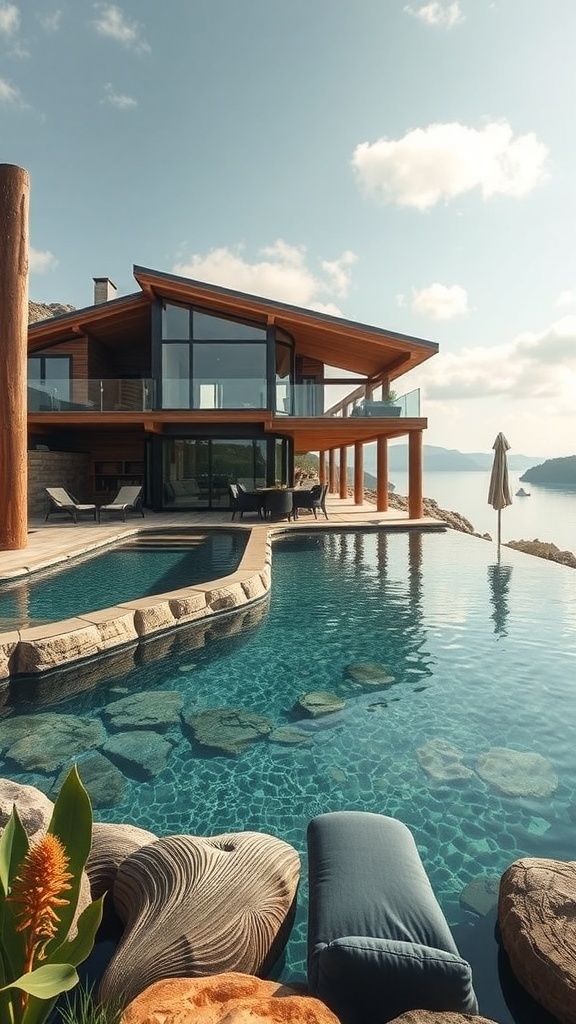 Ein Naturpool mit rustikalen Steinen und Holz, umgeben von einer modernen Architektur und schöner Aussicht.