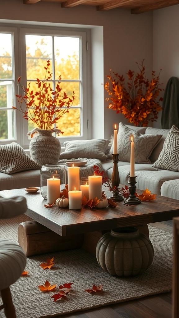 Gemütliches Wohnzimmer mit rustikalen Holzakzenten, Kerzen und herbstlicher Dekoration.