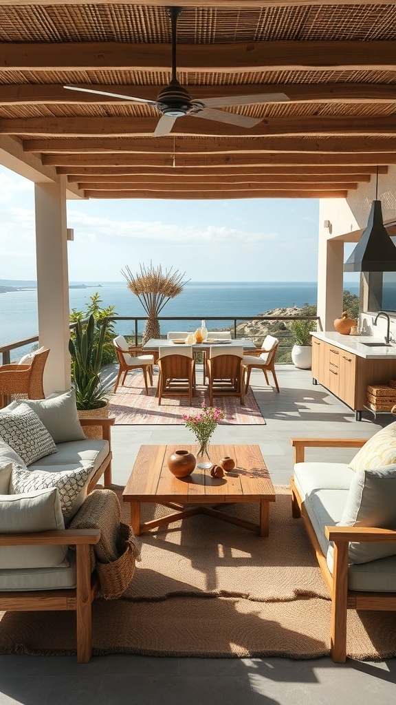 Rustikale Holzdeko auf einer Terrasse mit Blick auf das Meer