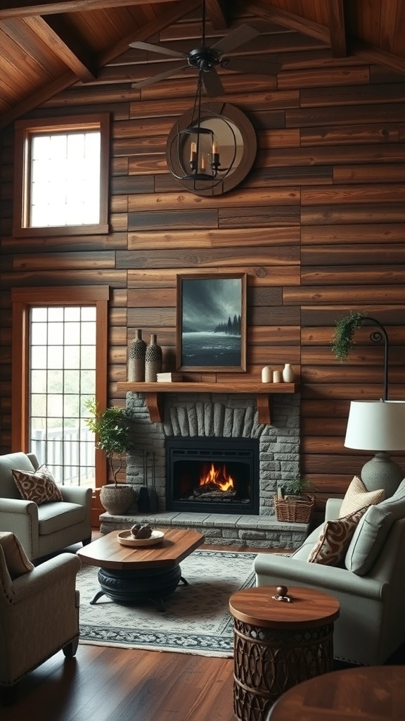 Ein modernes Wohnzimmer im Bauernhausstil mit rustikalen Holzverkleidungen, großen Fenstern und einem Kamin.
