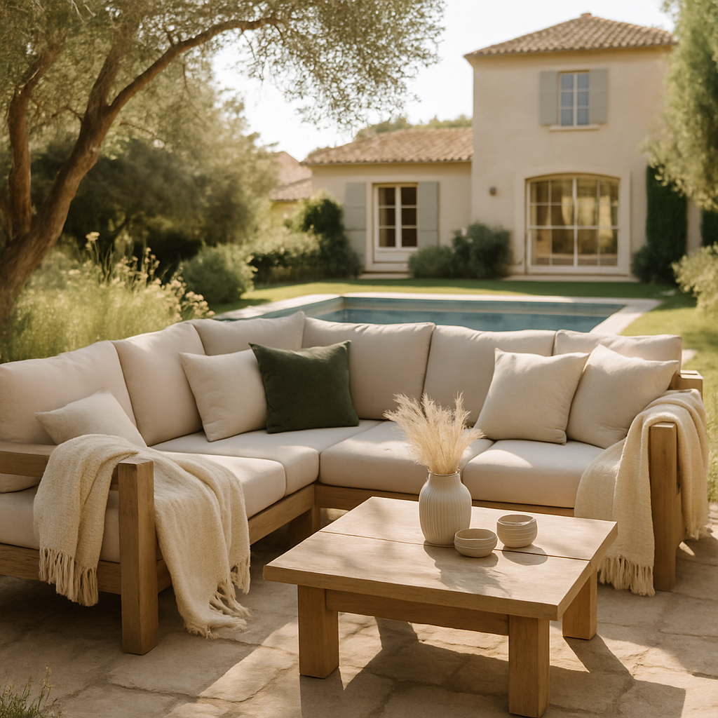 Rustikale Lounge im Landhausstil mit bequemen Kissen und einem Holztisch, umgeben von einem Garten und einem Pool.