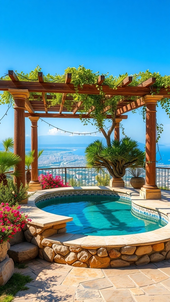 Rustikale Pergola über einem Pool mit Blick auf das Meer und umgeben von Blumen