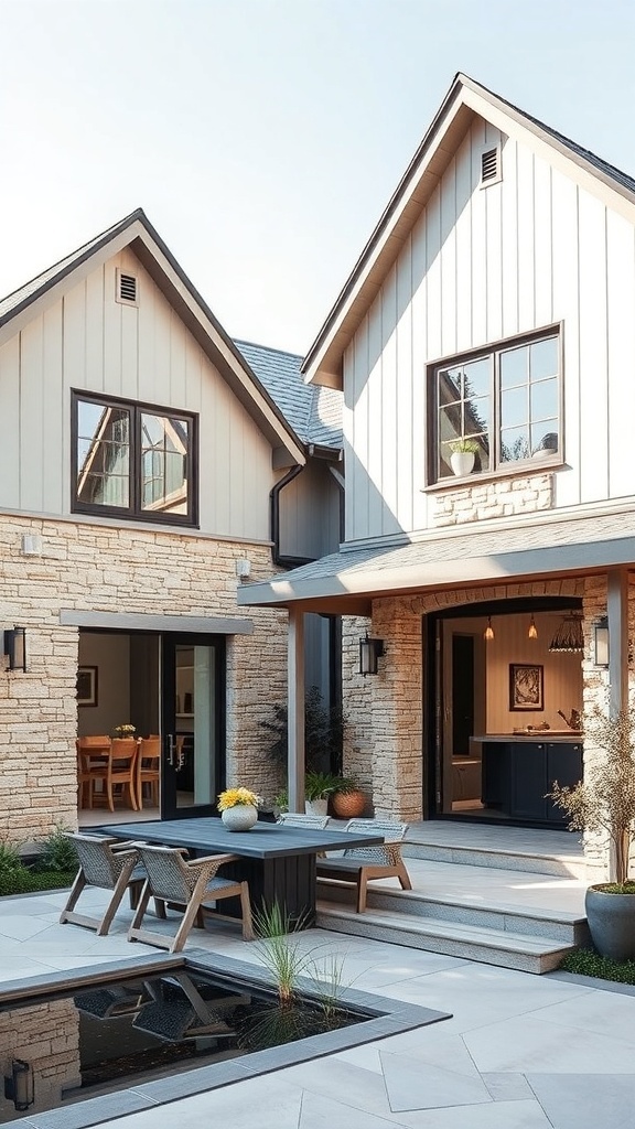 Modernes Bauernhaus mit rustikalen Steinelementen und elegantem Außenbereich