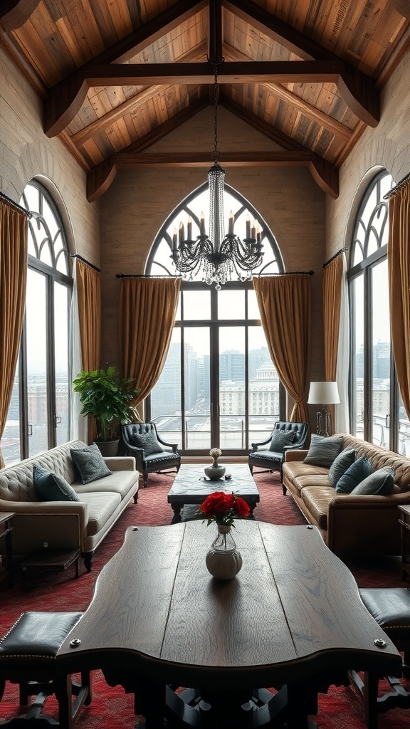 Rustikaler Holztisch in einem Western-Gotisch Wohnzimmer mit eleganten Möbeln und großen Fenstern