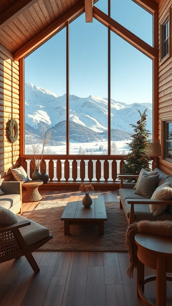 Gemütlicher Winterraum mit großen Fenstern, Holzdekor und Blick auf schneebedeckte Berge.