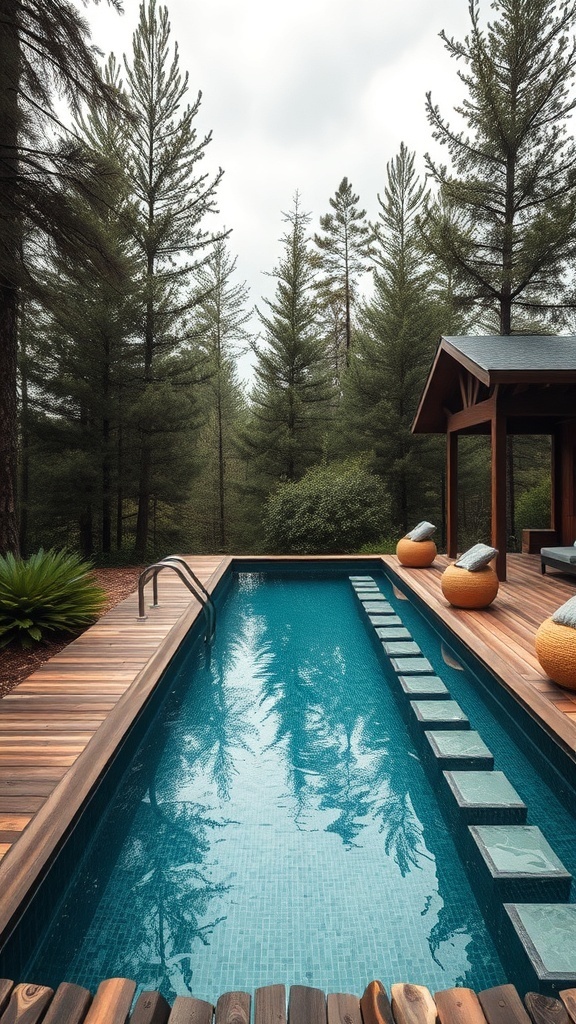 Rustikaler Holz-Pool im Wald mit Steinstufen und Sitzgelegenheiten