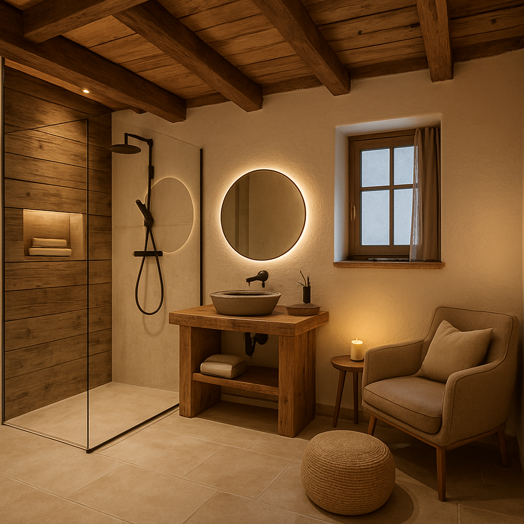 Rustikales Badezimmer mit Holz-Elementen, Walk-In-Dusche und gemütlicher Einrichtung
