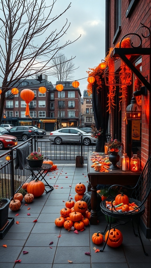 Eine dekorierte Terrasse für Halloween mit Kürbissen und Laternen