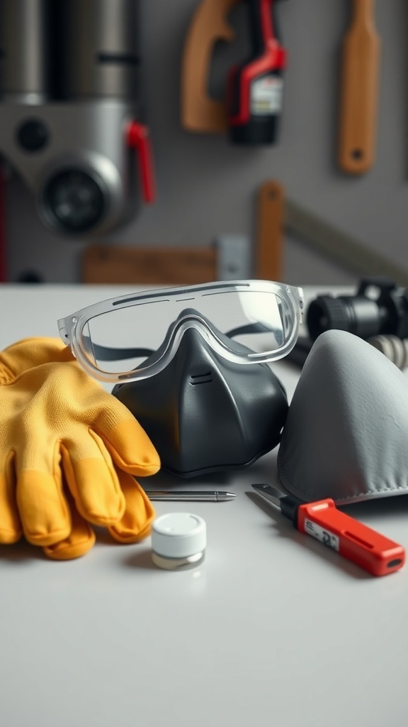 Safety gear including goggles, a respirator mask, gloves, and a utility knife on a work surface.