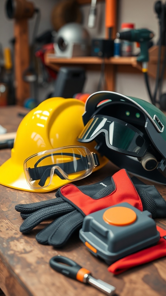 Colorful gloves, safety goggles, and a helmet arranged on a work surface, emphasizing the importance of safety gear for DIY projects.