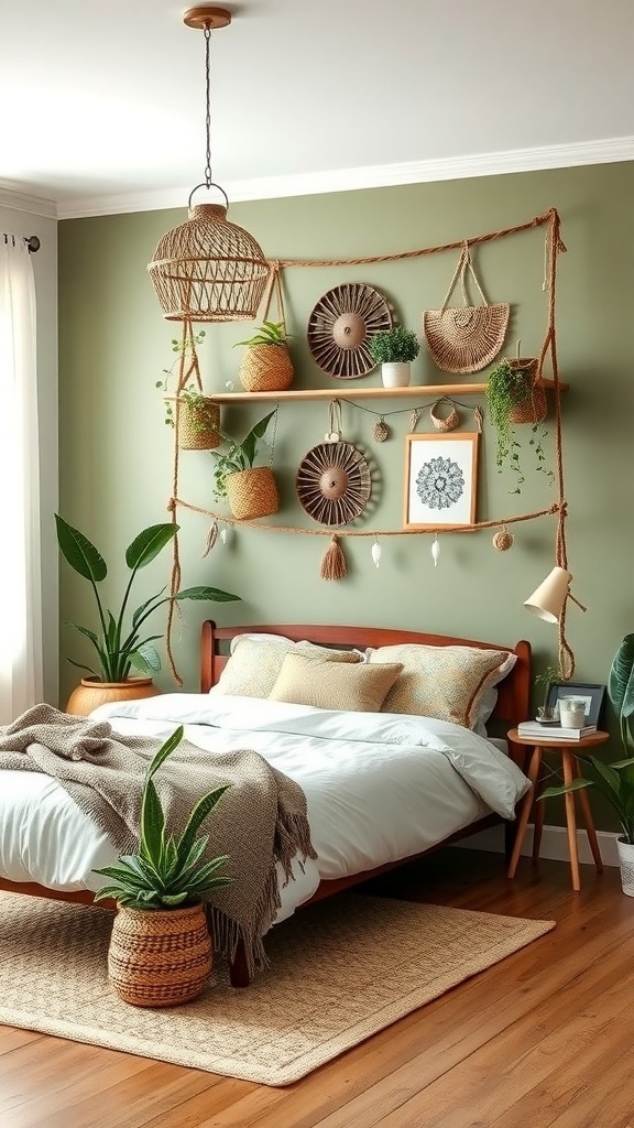 A cozy bedroom featuring a sage green accent wall, wooden furniture, and hanging plants.