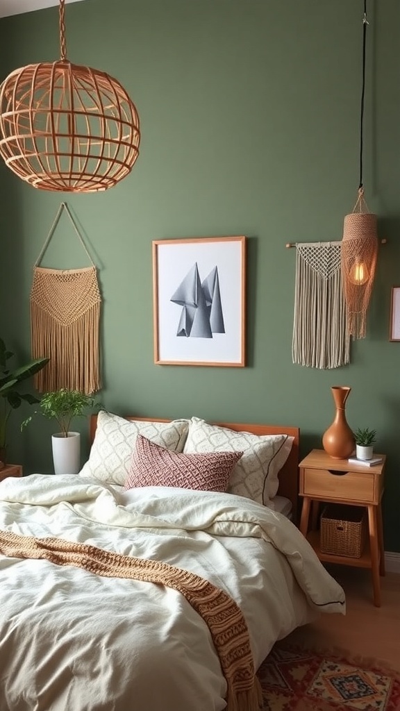 Cozy bedroom featuring a sage green accent wall, woven light fixture, and Boho decor.