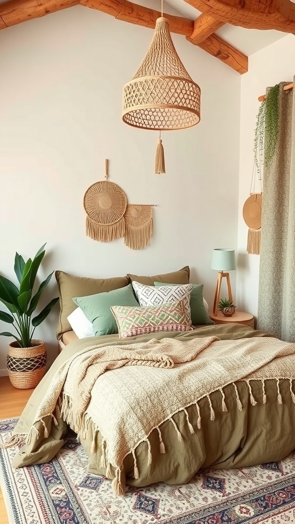A cozy bedroom featuring sage green pillows, earthy bedding, a woven blanket, and a rattan light fixture, complemented by a leafy plant and patterned rug.