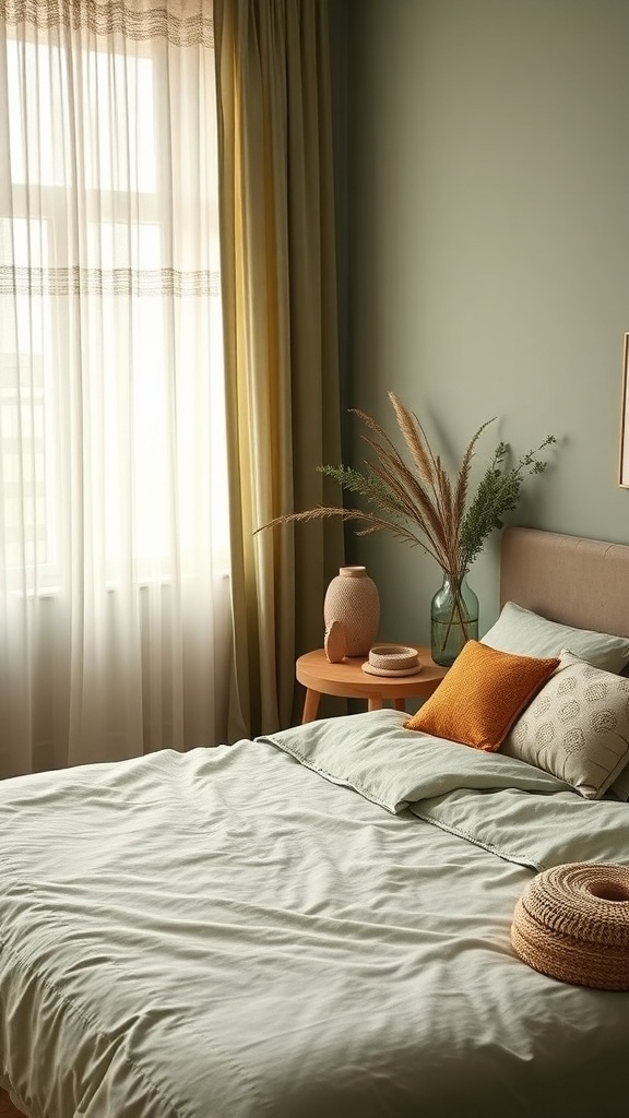 Cozy bedroom with sage green walls, light curtains, and earthy tones in bedding and decor.