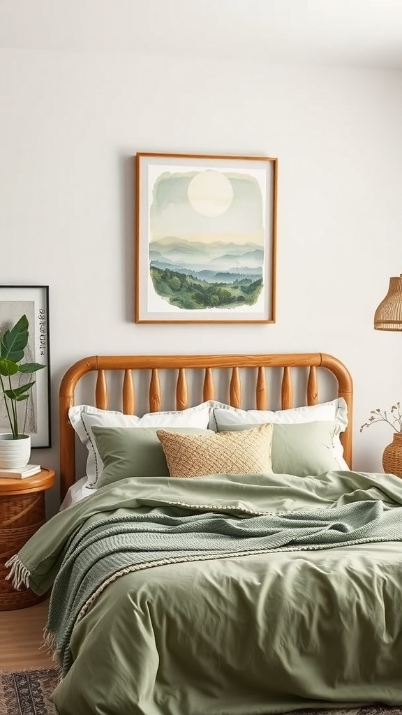 A cozy Boho style bedroom featuring sage green bedding and landscape artwork
