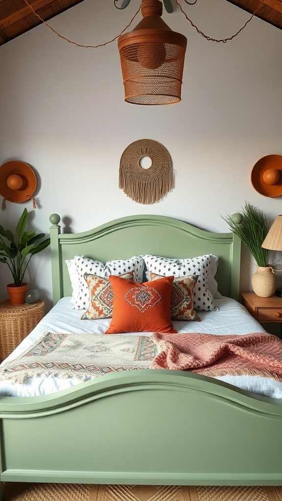 A sage green bed frame with decorative pillows and a cozy blanket in a boho style bedroom.