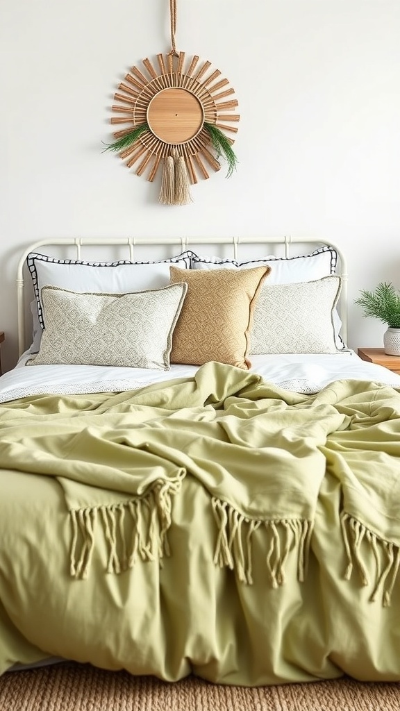 A cozy bed with sage green bedding, textured pillows, and a sunburst wall hanging.