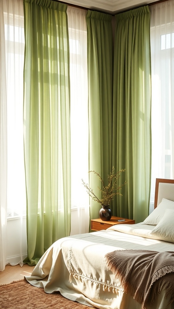 A cozy bedroom featuring sage green curtains, soft bedding, and a potted plant.