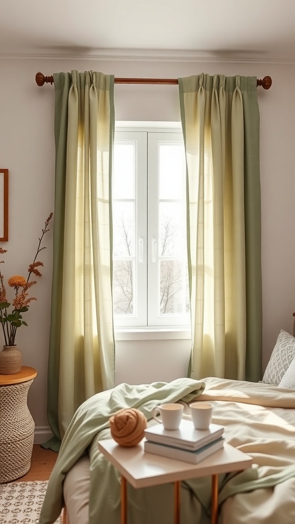 A cozy bedroom with sage green curtains, a bed with soft bedding, and a small table with cups and books.