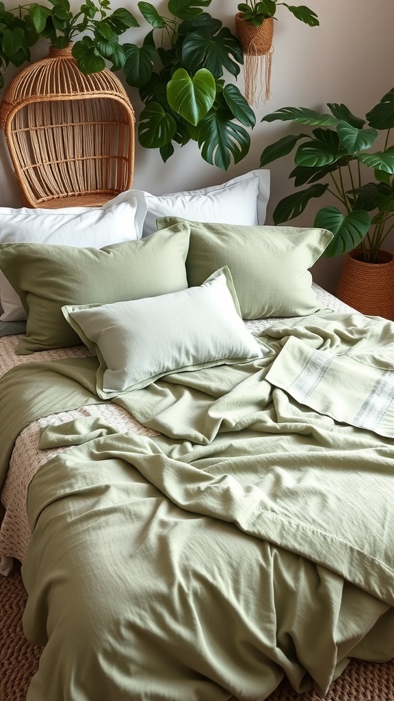 A cozy bedroom featuring sage green textiles, including pillows and a duvet, with a woven headboard and indoor plants.