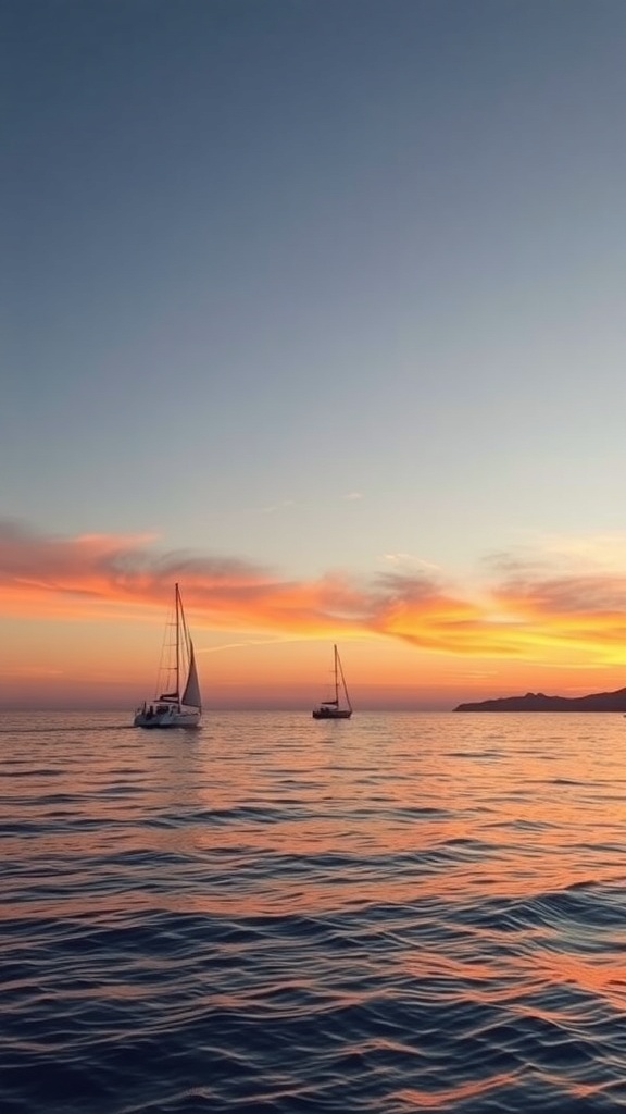 Two sailboats on the horizon during sunset with colorful sky