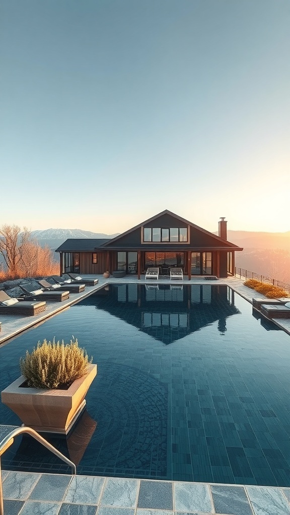 Ein moderner Naturpool mit Blick auf die Berge, umgeben von Sonnenlicht und einer einladenden Terrasse.